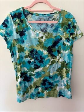 Women’s Short Sleeve Scoop Neck Tee — Teal & Olive Watercolor Print
